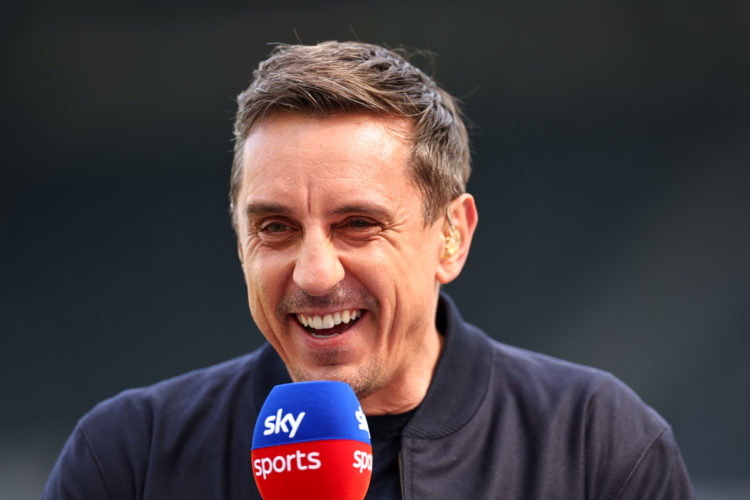 NEWCASTLE, ENGLAND - MAY 7: Gary Neville working as a TV pundit for Sky Sports ahead of the Premier League match between Newcastle United and Arsen...