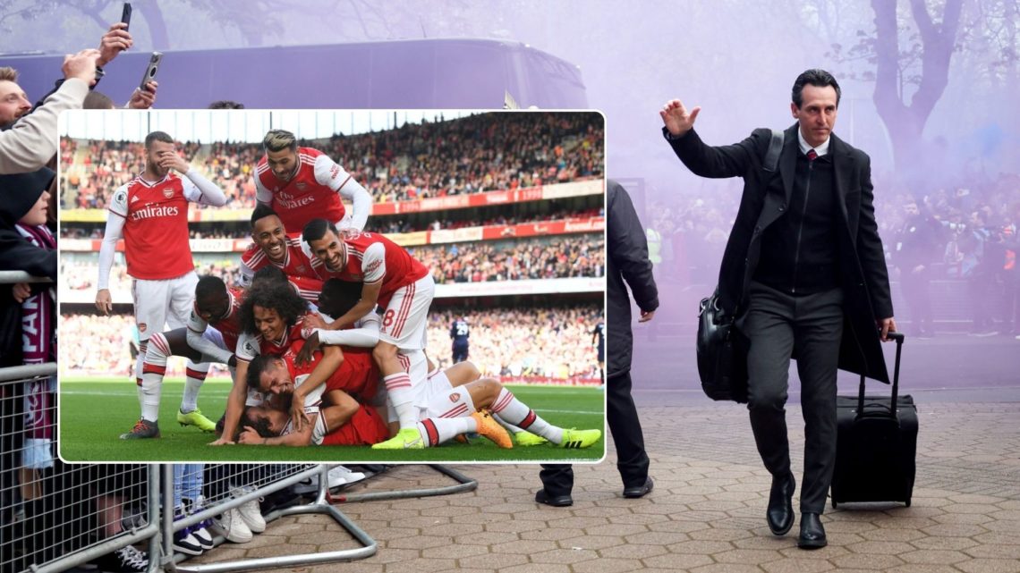 Wide shot of Unai Emery arriving at Villa Park. Inset, 2019 Arsenal team celebrates scoring goal.