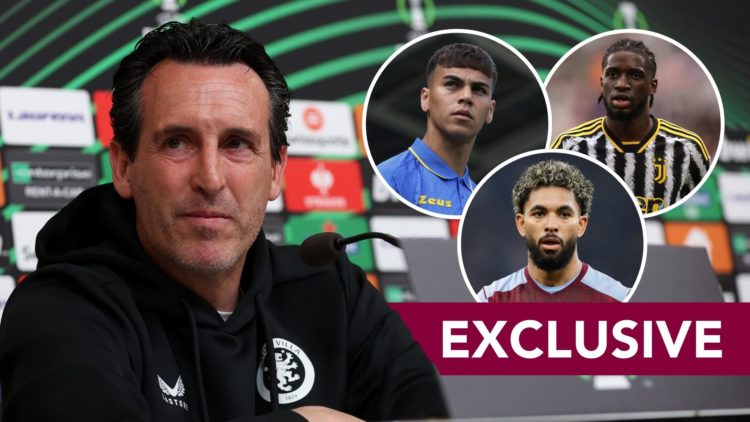 Unai Emery of Aston Villa. Inset, Samuel Iling-Junior of Juventus, Enzo Barrenechea of Frosinone Calcio, and Douglas Luiz of Aston Villa.