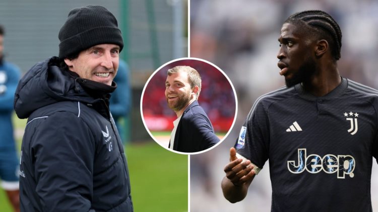 Split image of Unai Emery of Aston Villa and Samuel Iling-Junior of Juventus FC. Inset, football journalist Fabrizio Romano.