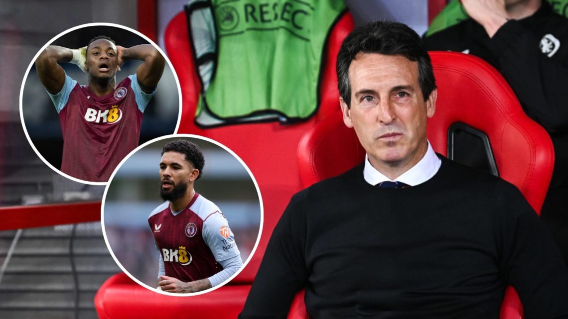 Unai Emery of Aston Villa is watching from the sidelines. Inset, Douglas Luiz and Jhon Duran of Aston Villa.