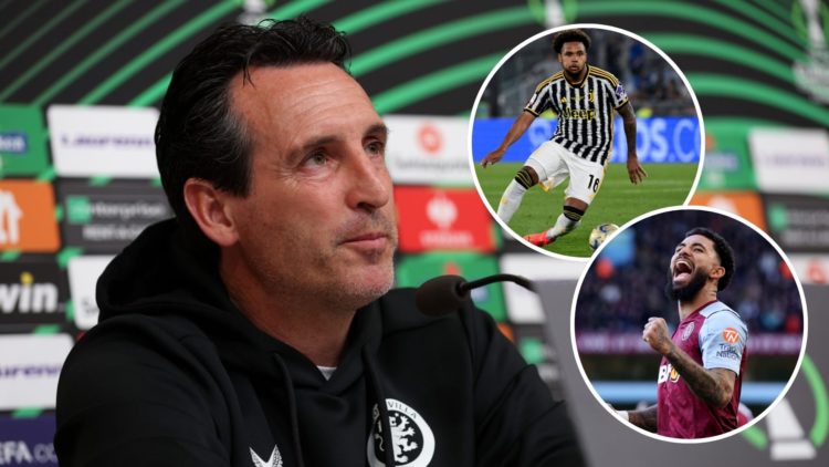Unai Emery of Aston Villa talks to press. Inset, Weston McKennie in action, and Douglas Luiz of Aston Villa celebrating.