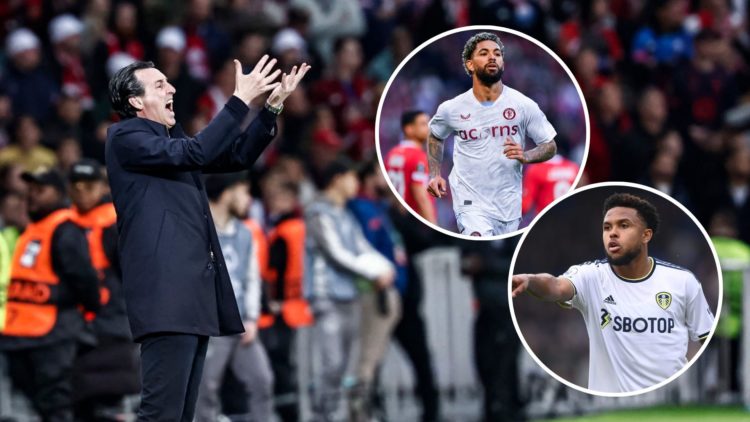 Unai Emery of Aston Villa looks frustrated. Inset, Weston McKinnie of Leeds reacts, and Douglas Luiz of Aston Villa looks on.