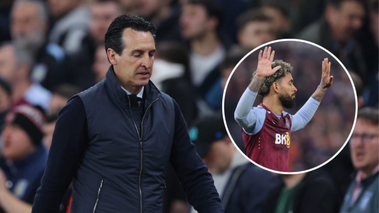 Unai Emery of Aston Villa looks dejected. Inset, Douglas Luiz of Aston Villa reacts after missing a penalty kick.
