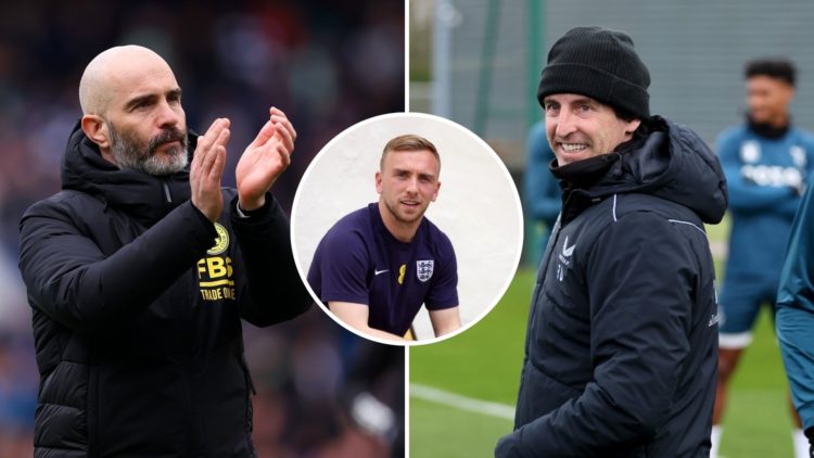 Split image of Unai Emery of Aston Villa and Enzo Maresca of Leicester City. Inset, Jarrod Bowen of England.