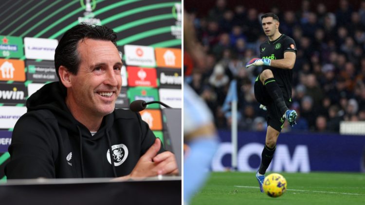 Left, Unai Emery of Aston Villa talks to the press. Right, Emi Martinez of Aston Villa in action.