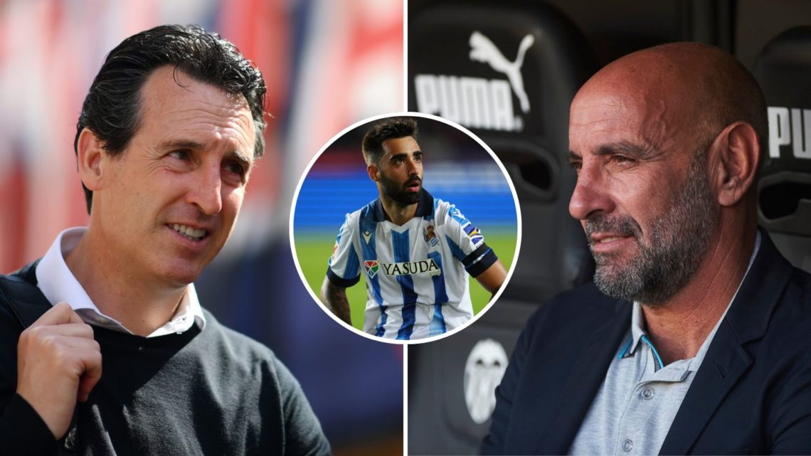 Split image of Unai Emery (left) and Ramon Verdejo, Monchi of Aston Villa (right). Inset, Brais Mendez of Real Sociedad (centre).