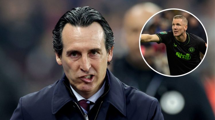 Aston Villa's Unai Emery looks on. Inset, Robin Olsen gestures.