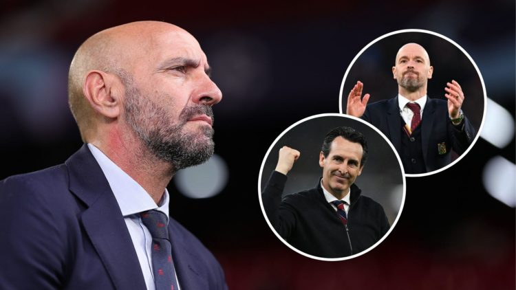 Sporting director of Sevilla FC Monchi looks on prior to a match. Inset, two images of Erik ten Hag, manager of Manchester United, and Unai Emery, ...