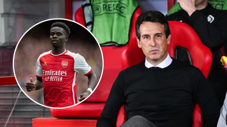 Head Coach Unai Emery of Aston Villa watches from the sidelines. Inset, Bukayo Saka of Arsenal during a match.