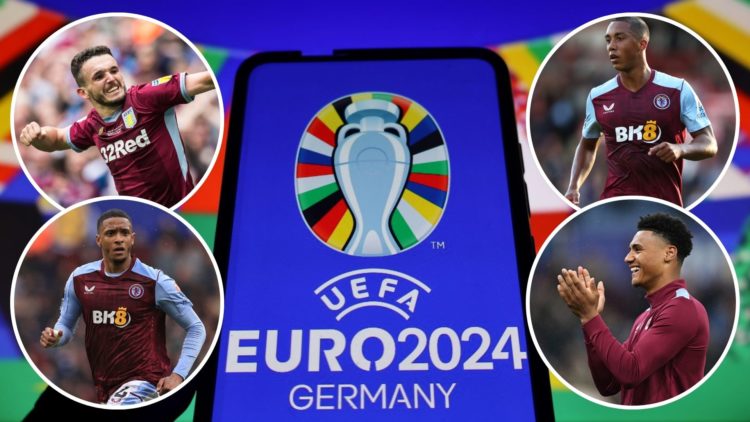 An image of the UEFA Euro 2024 logo seen displayed on the screen of a smartphone. Inset, four images of Ollie Watkins, John McGinn, Youri Tielemans...
