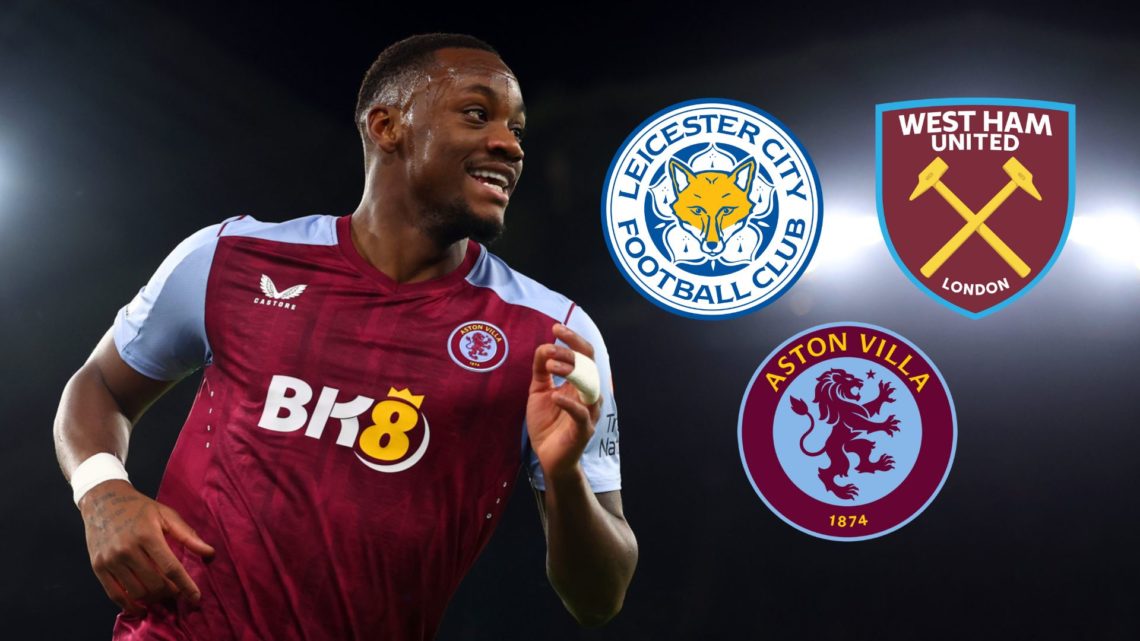 Jhon Duran celebrates scoring a goal. Inset, the club logos of Aston Villa, West Ham United, and Leicester City Football Club