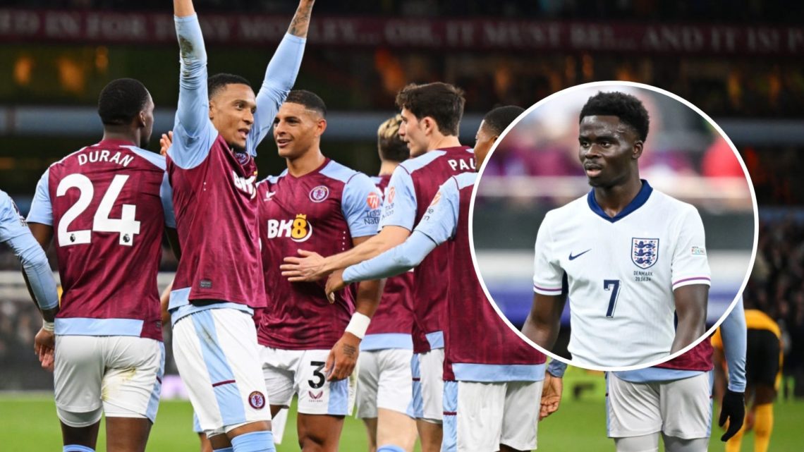 Ezri Konsa of Aston Villa celebrates scoring. Inset, Bukayo Saka of England looks on.