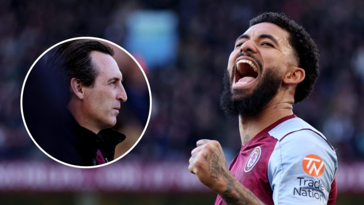 Douglas Luiz of Aston Villa celebrates scoring. Inset, Unai Emery of Aston Villa looks on.