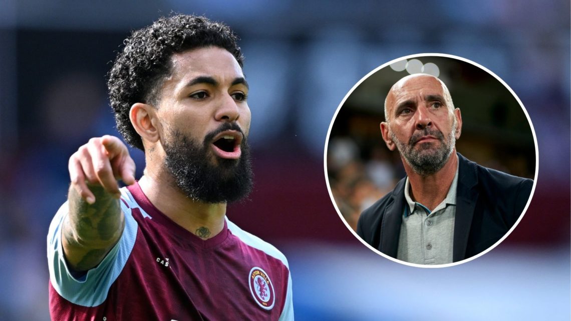 Douglas Luiz of Aston Villa reacts during a match. Inset, Ramon Rodriguez Verdejo Monchi looks on.