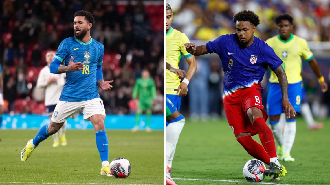 Image split into two down the centre. Left, Douglas Luiz of Brazil plays during a friendly match. Right, Weston McKennie of USA is marked.