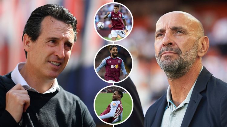 Split image of Unai Emery and Ramon Rodrigue Monchi of Aston Villa. Inset, Phillippe Coutinho, Douglas Luiz, and Jhon Duran of Aston Villa.