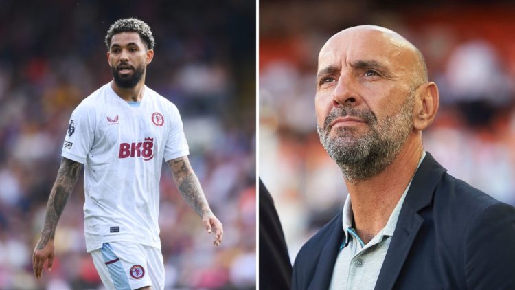 Image split into two. Left, Douglas Luiz of Aston Villa looks on. Right, Monchi of Aston Villa looks on.