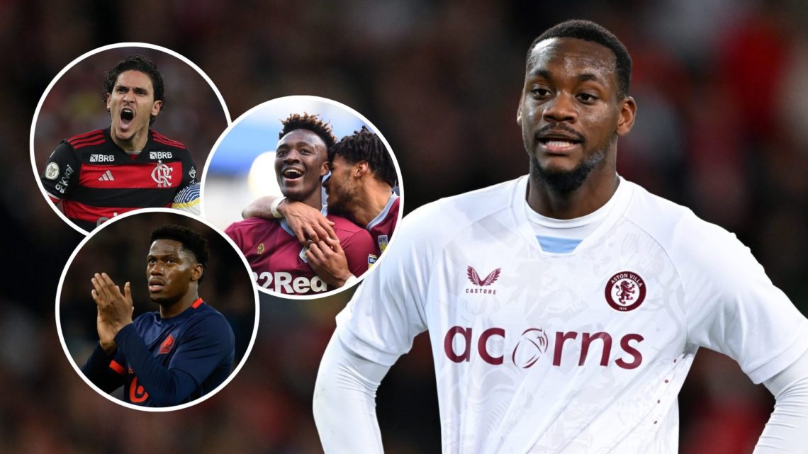 Jhon Duran of Aston Villa FC during the UEFA Conference league quarter-final match. Inset, Tammy Abraham, Jonathan David, and Pedro of Flamengo.