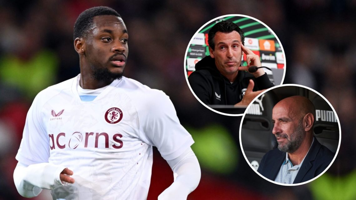 Jhon Duran of Aston Villa FC during the UEFA Conference league quarter-final match. Inset, Unai Emery and Ramon Verdejo Monchi.