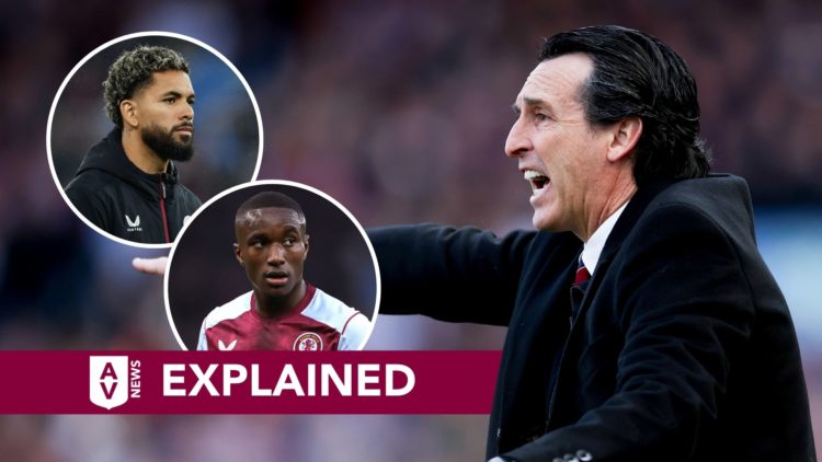 Unai Emery head coach of Aston Villa in action during the Premier League match. Inset, Moussa Diaby and Douglas Luiz.