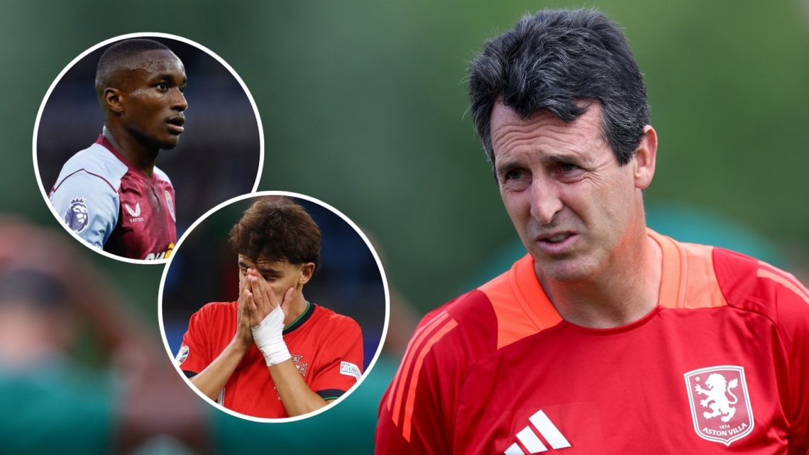 Unai Emery manager of Aston Villa in action during a training session at the Aston Villa pre season training camp. Inset, Joao Felix and Moussa Diaby.