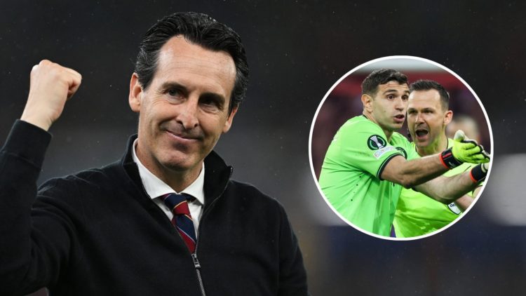 Unai Emery, Manager of Aston Villa, reacts following the Premier League match between Aston Villa and Liverpool FC. Inset, Emiliano Martinez of Ast...