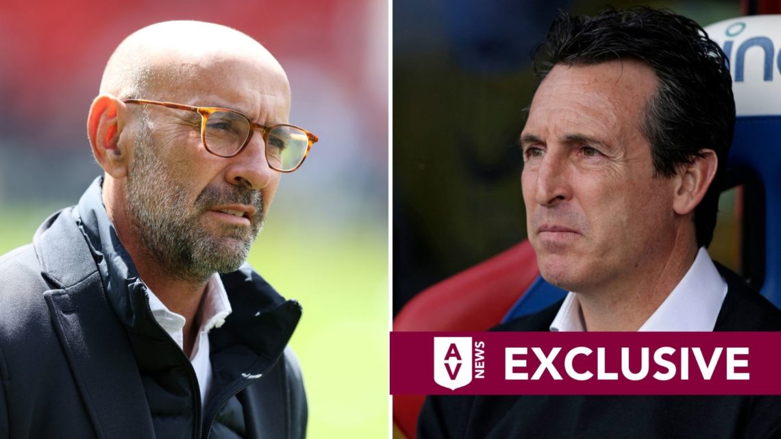 Split image of Unai Emery and Monchi of Aston Villa.