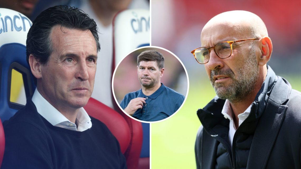 Split image of Unai Emery and Monchi of Aston Villa. Inset, Steven Gerrard.