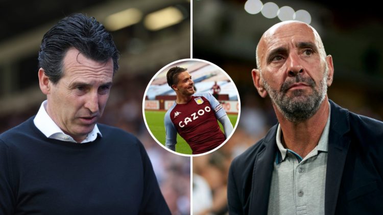 Split image of Unai Emery and Ramon Rodriguez Verdejo Monchi. Inset, Jack Grealish of Aston Villa.