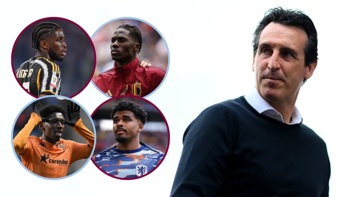 Unai Emery, Manager of Aston Villa arrives ahead of the Premier League match. Inset, Ian Maatsen, Samuel Iling-Junior, Jaden Philogene, and Amadou ...