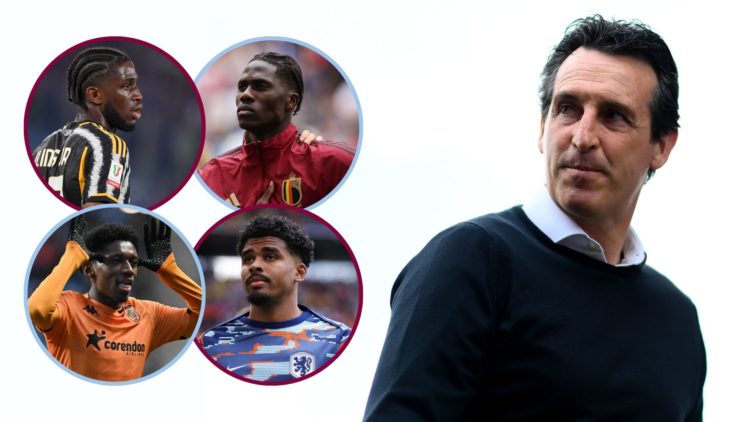 Unai Emery, Manager of Aston Villa arrives ahead of the Premier League match. Inset, Ian Maatsen, Samuel Iling-Junior, Jaden Philogene, and Amadou ...