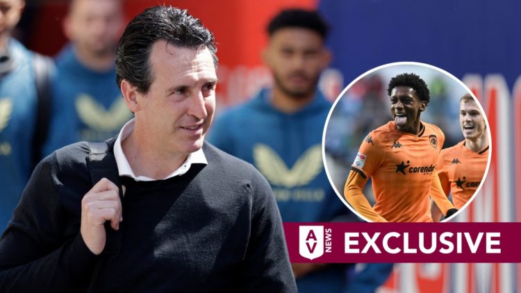 Aston Villa's Spanish head coach Unai Emery arrives for the English Premier League football match. Inset, Jaden Philogene of Hull City. Overlaid, a...
