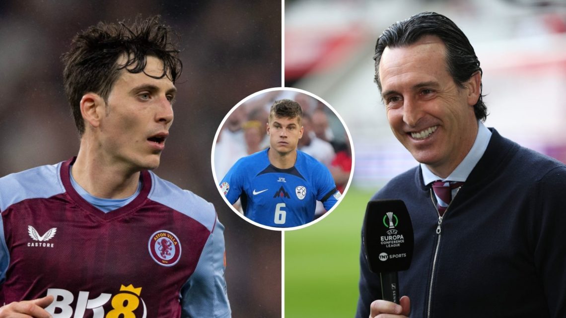 Split image of Pau Torres and Unai Emery of Aston Villa. Inset, Jaka Bijol of Slovenia.