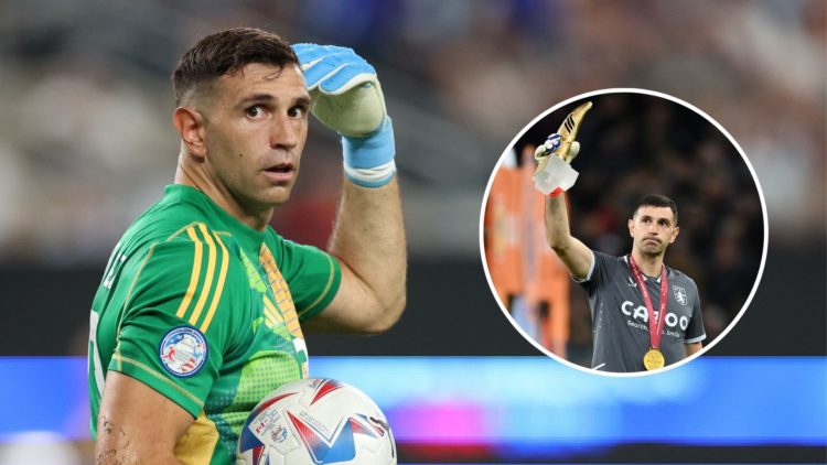 Emiliano Martinez of Argentina reacts after making a save during the CONMEBOL Copa America 2024 semifinal match between Canada and Argentina. Inset...