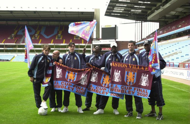 17 May 2000:  Aston Villa players (L-R) Lee Hendrie, Alan Wright, Gareth Barry, George Boateng, Ian Taylor, Mark Delaney and Ugo Ehiogu keep the Cl...