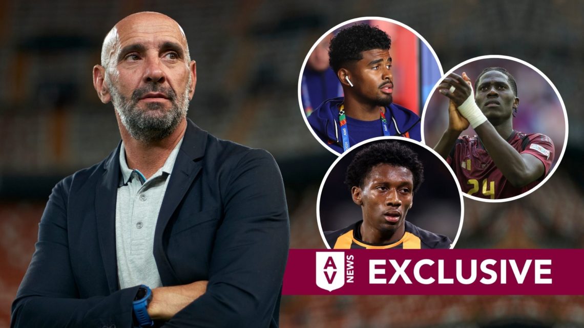 Ramon Rodriguez Verdejo Monchi, President of Football Operations of Aston Villa looks on. Inset, Amadou Onana, Ian Maatsen, and Jaden Philogene-Bid...
