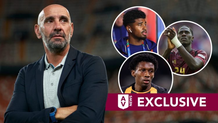 Ramon Rodriguez Verdejo Monchi, President of Football Operations of Aston Villa looks on. Inset, Amadou Onana, Ian Maatsen, and Jaden Philogene-Bid...