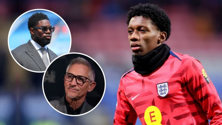 Jaden Philogene of England warms up prior to the UEFA U21 Euro 2025 Qualifier match. Inset, Micah Richards and Gary Lineker.
