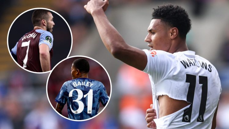 Ollie Watkins of Aston Villa has a rip in his shirt during the Premier League match. Inset, images of John McGinn and Leon Bailey with their backs ...