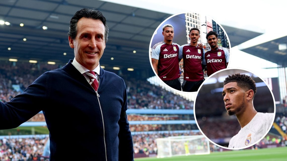 Unai Emery of Aston Villa in action during the Premier League match. Inset, Jude Bellingham, Morgan Rogers, Ian Maatsen, and Jacob Ramsey.