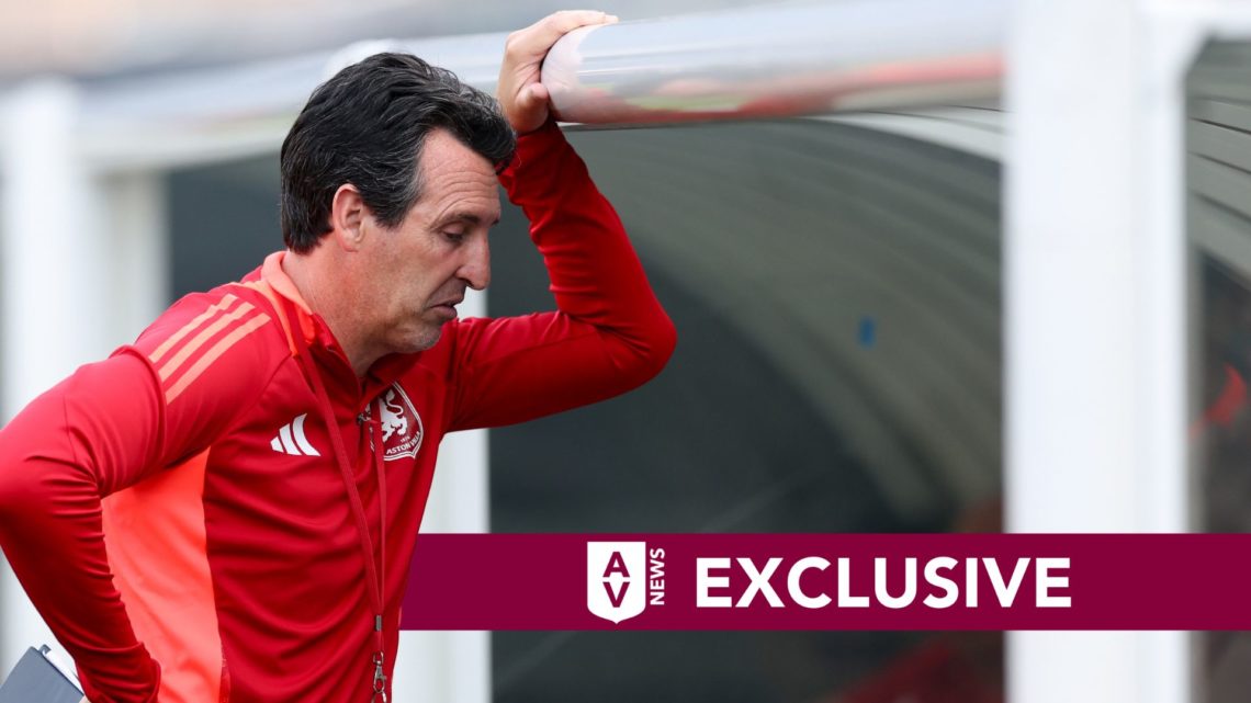 Unai Emery manager of Aston Villa in action during a training session. Overlaid, an exclusive banner.