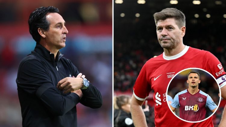 Split image of Unai Emery and Steven Gerrard. Inset, Leander Dendoncker.