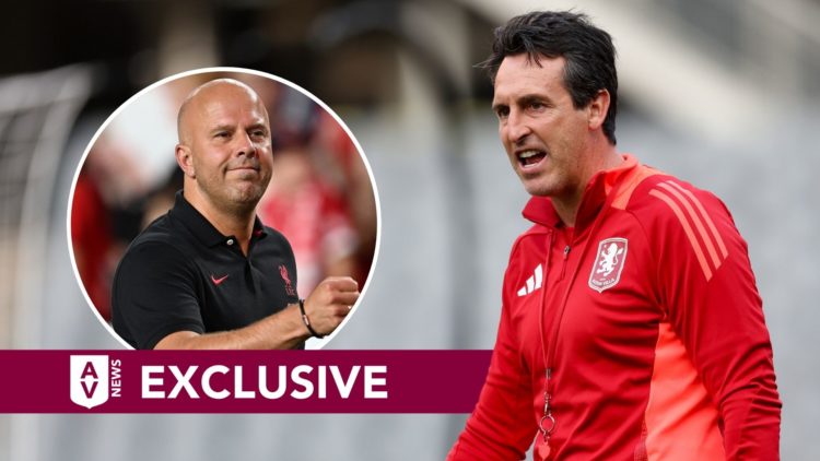 Unai Emery manager of Aston Villa in action. Inset, Arne Slot. Overlaid, an exclusive banner.