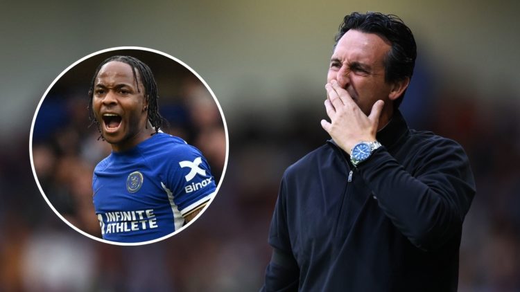 Unai Emery the head coach / manager of Aston Villa reacts during the Pre Season Friendly. Inset, Raheem Sterling.