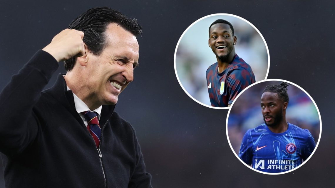 Unai Emery, Manager of Aston Villa, reacts following the Premier League match. Inset, Raheem Sterling and Jhon Duran.