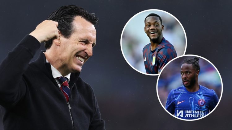 Unai Emery, Manager of Aston Villa, reacts following the Premier League match. Inset, Raheem Sterling and Jhon Duran.