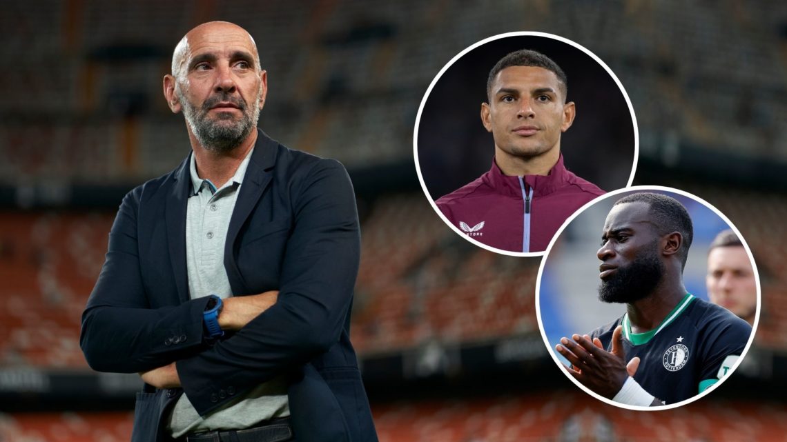 Ramon Rodriguez Verdejo Monchi, President of Football Operations of Aston Villa looks on. Inset, Lutsharel Geertruida and Diego Carlos.