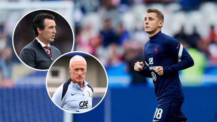 Lucas Digne (Aston Villa) of France during the warm-up before the UEFA Nations League. Inset, Unai Emery and Didier Deschamps.