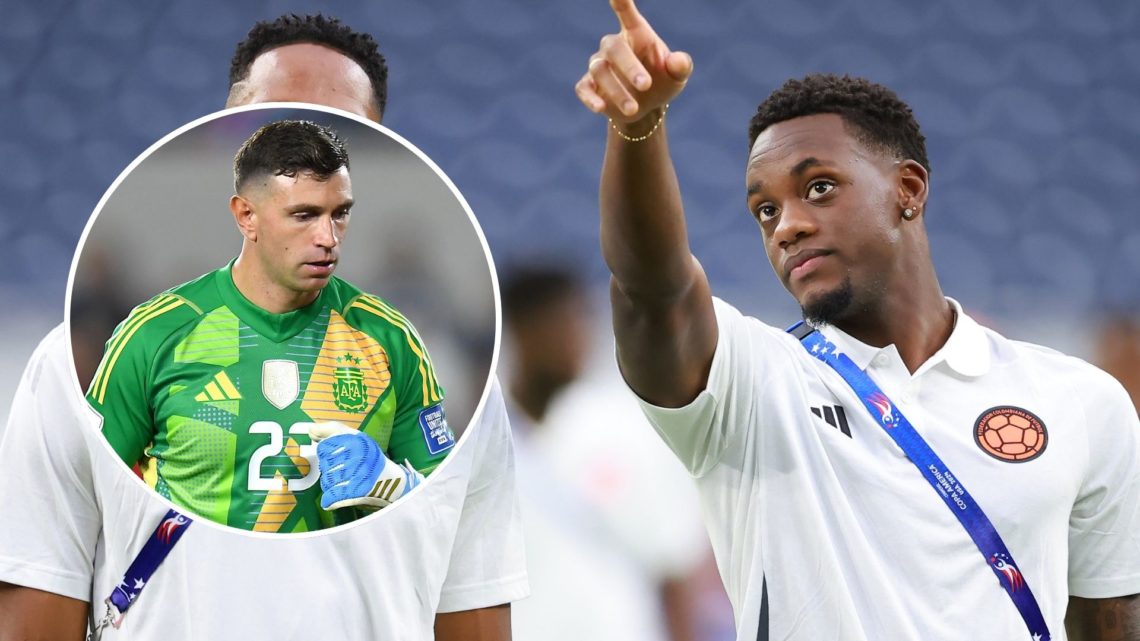 Yerry Mina and Jhon Duran of Colombia after a press conference ahead of the CONMEBOL Copa America group stage match. Inset, Emi Martinez.
